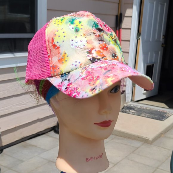 New Ladies Dark Pink Flower BLING Hat - Picture 2 of 4